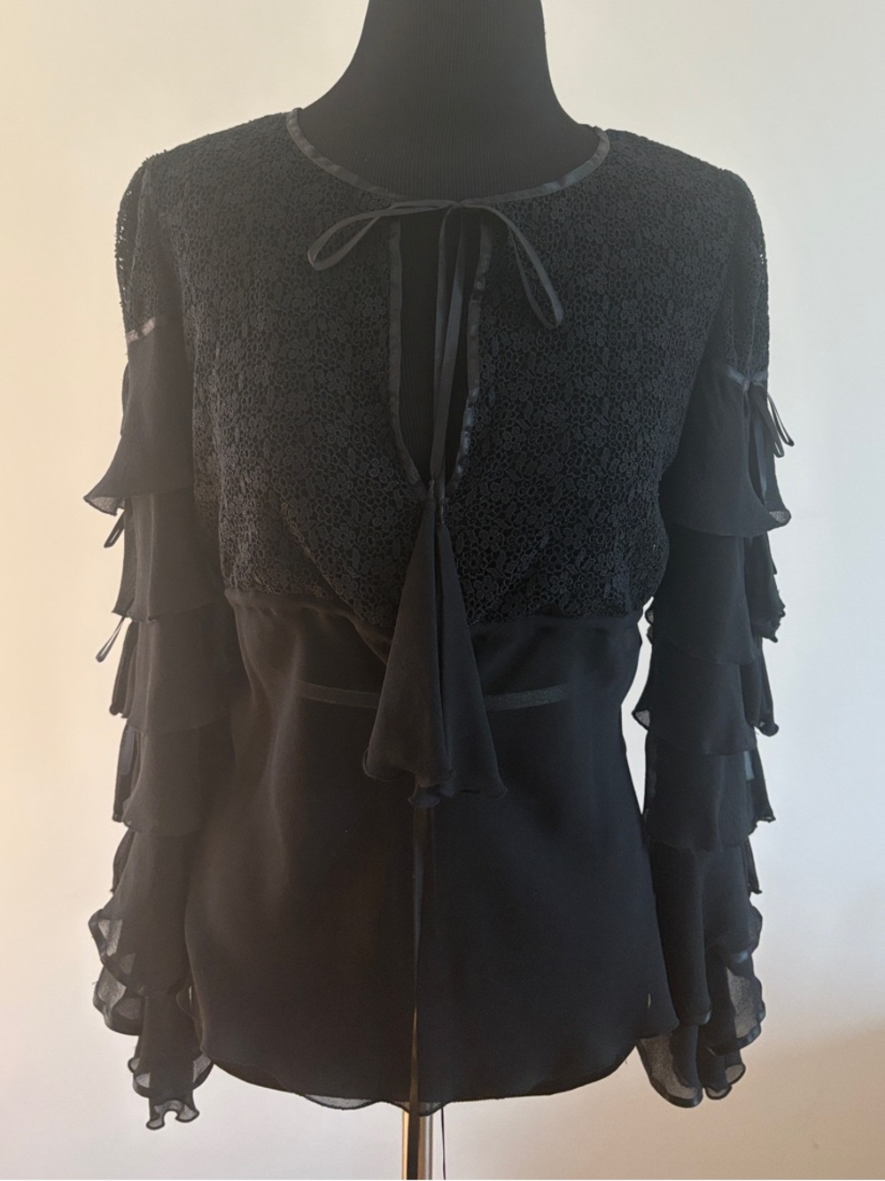 Vivienne Tam Black Long-Sleeve Ruffled Lace Tie-Neck Women's Blouse 🖤💥